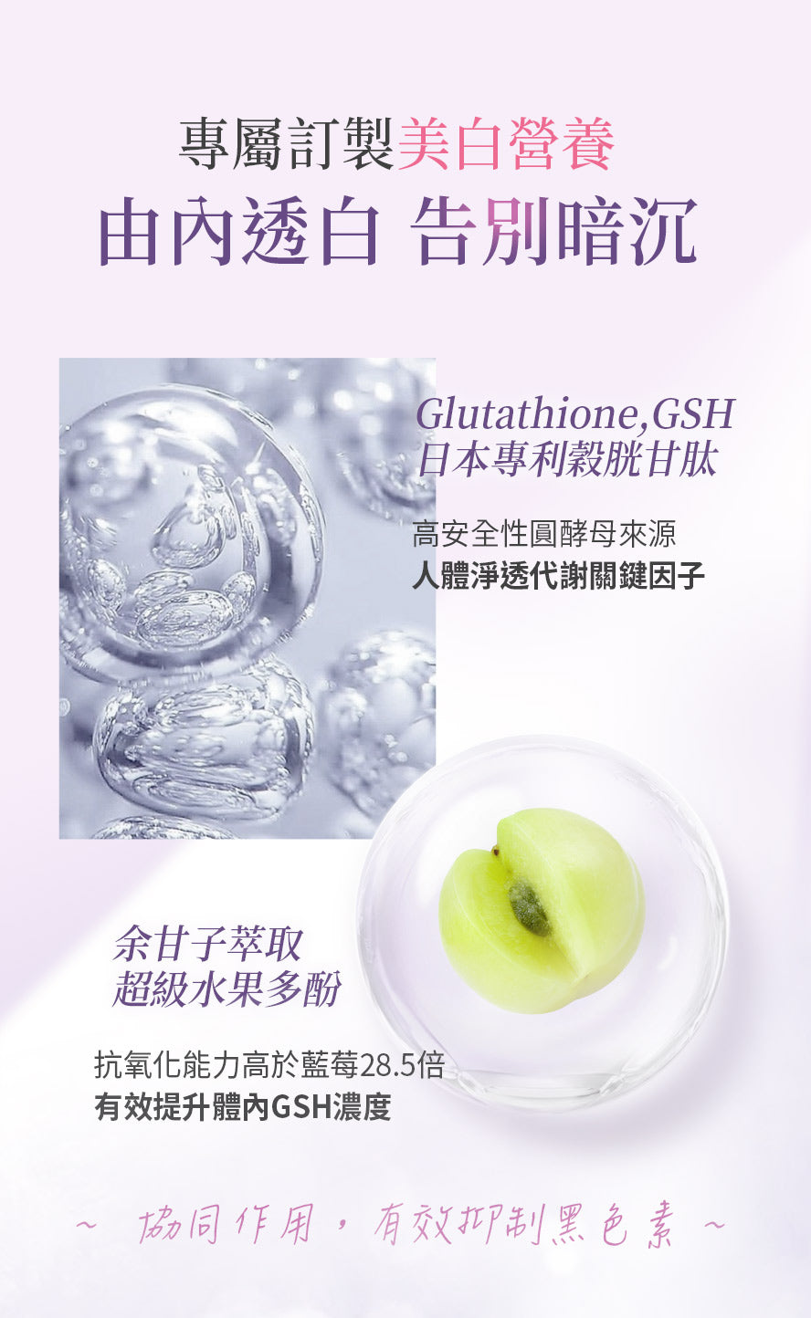 維持肌膚透亮的關鍵就是體內穀胱甘肽GSH的含量,能抑制黑色素形成,不易曬黑。