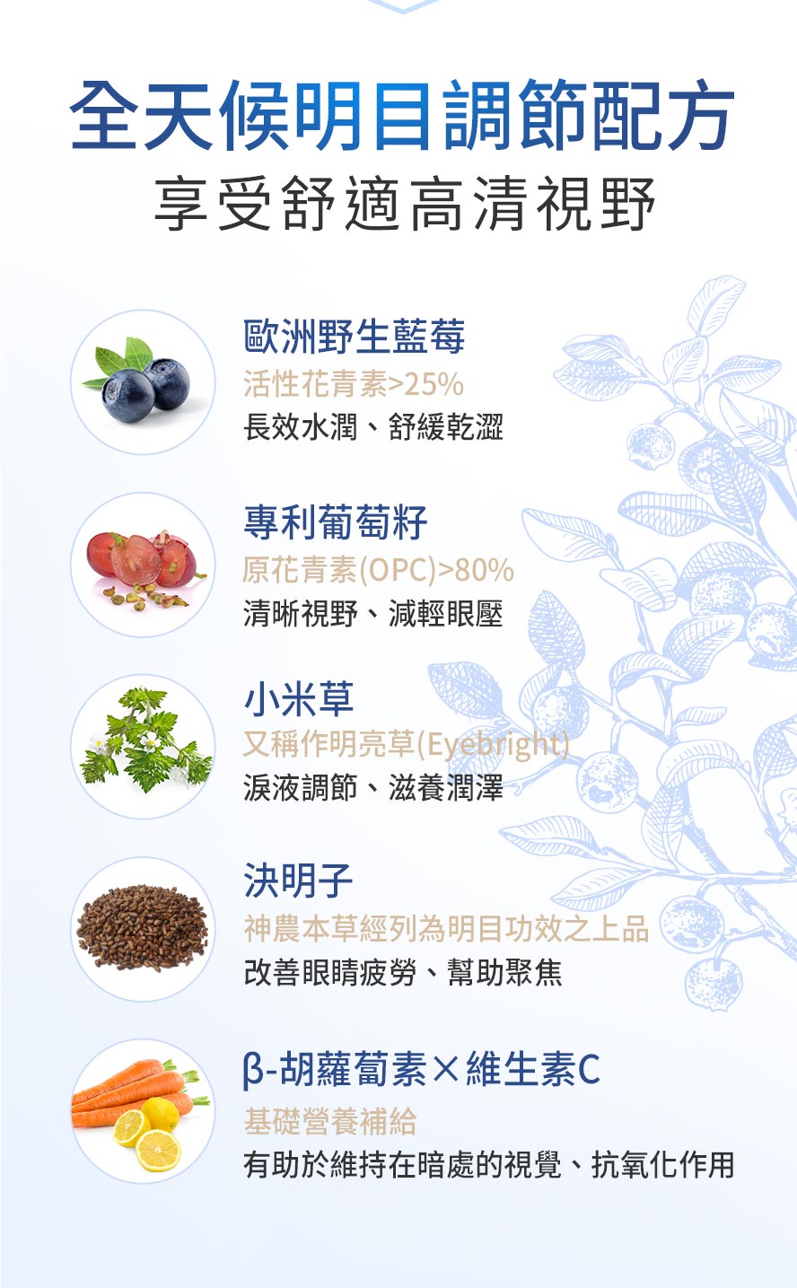BHK藍莓山桑子添加歐洲野生藍莓,高活性花青素達25%以上、專利葡萄籽,OPC原花青素達80%以上、決明子、小米草、β-胡蘿蔔素、維生素C,有助於維持眼睛水潤感、舒緩乾澀、減輕眼壓、清晰有神、視線明亮、維持暗處視覺。