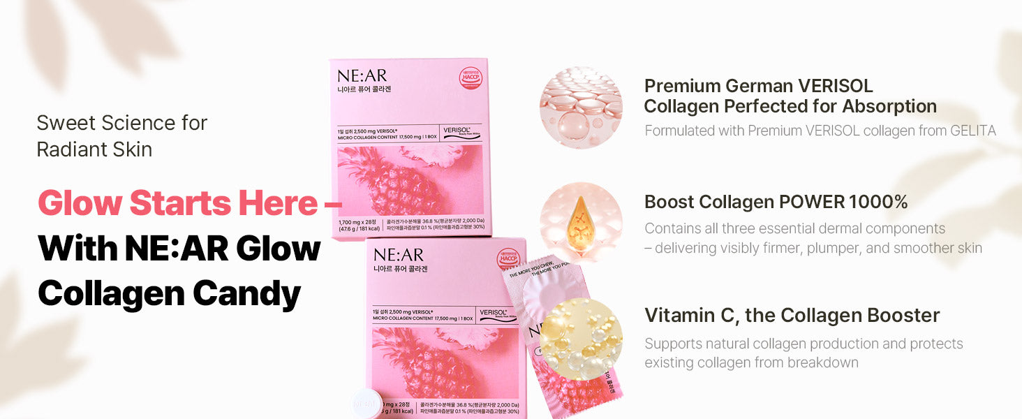 NE:AR collagen candy with German verisol and vitamin C for skin glow, firmness, and elasticity.