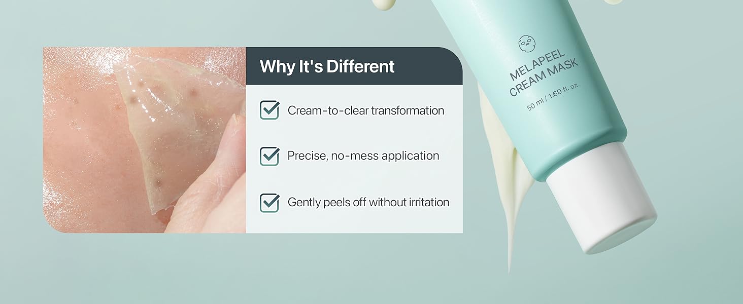 CHARDE Melapeel Cream Mask showing cream-to-clear setting and gentle peel-off application.