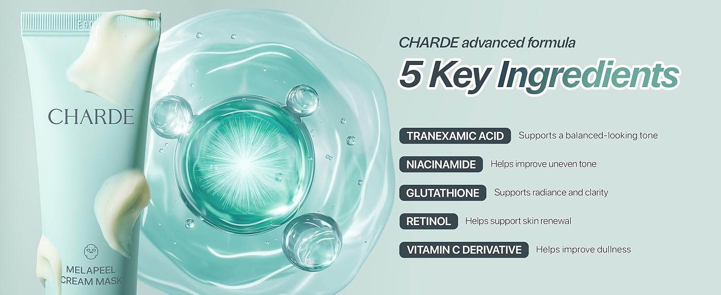Graphic highlighting five key ingredients in Melapeel Cream Mask and their skin support roles.