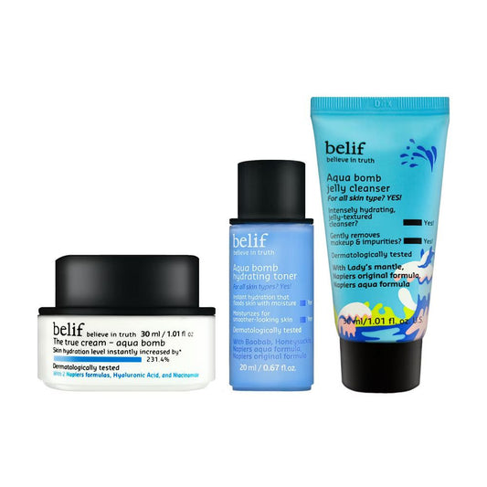 Belif 皇牌炸彈霜 Aqua Bomb斗篷草注水三件套裝 (啫喱炸彈霜 30ml 洗面30 ml 爽膚水 20ml) - Beautitu.com